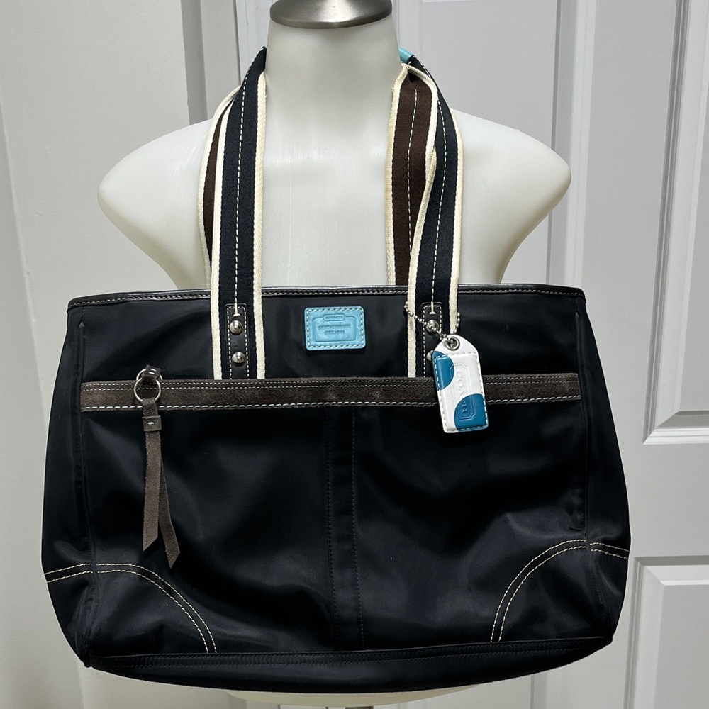 Coach Hampton black nylon tote bag. Light blue accents. Creed LO 794-F11994